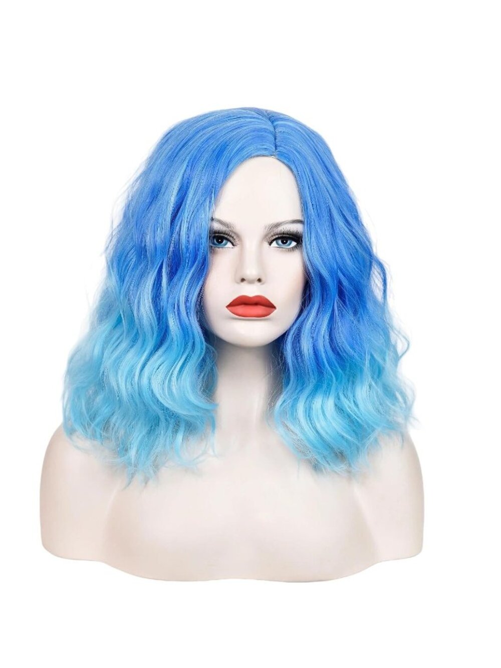 Women's Blue Ombre Wavy Curly Bob Wig Heat Resistant Cosplay Halloween Party